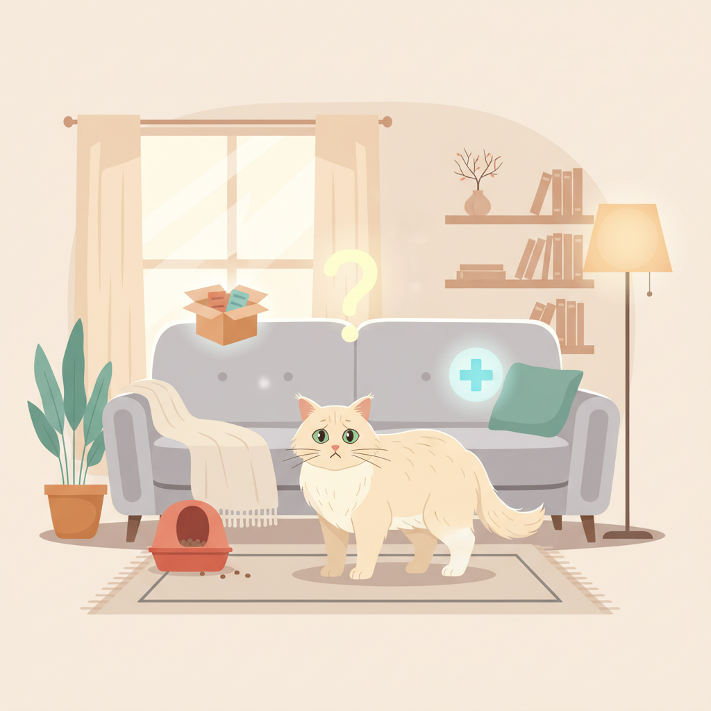 A cozy living room scene with a modern sofa. A fluffy cat stands near the sofa, looking slightly anxious or stressed. Around the cat, subtly integrated into the background or as small, ethereal elements, are visual metaphors for common causes of inappropriate urination: a tiny, partially overflowing litter box, a miniature moving box, a small, simplified icon of a medical cross, and a question mark. The overall mood should be empathetic yet slightly melancholic, rendered in a warm, inviting flat illustration style with soft colors, perfect for a blog's introductory image.