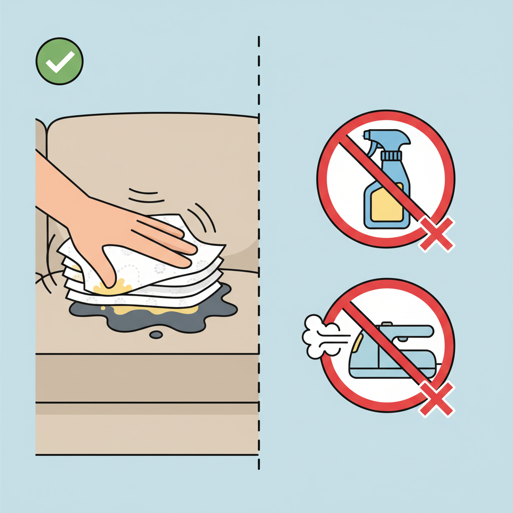 A clear, comparative infographic-style illustration demonstrating immediate actions for cat urine on a couch. The central focus is a section of a fabric couch cushion with a wet spot. On one side, a hand is shown gently dabbing the wet spot with a stack of absorbent paper towels, emphasizing a blotting motion. On the other side, two 'forbidden' or 'do not use' visual cues: one over a generic spray bottle (representing ammonia-based cleaners) and another over a steaming appliance (representing heat/steam cleaners). Use a clean, crisp flat illustration style with clear visual separation and distinct colors to convey the correct vs. incorrect methods.