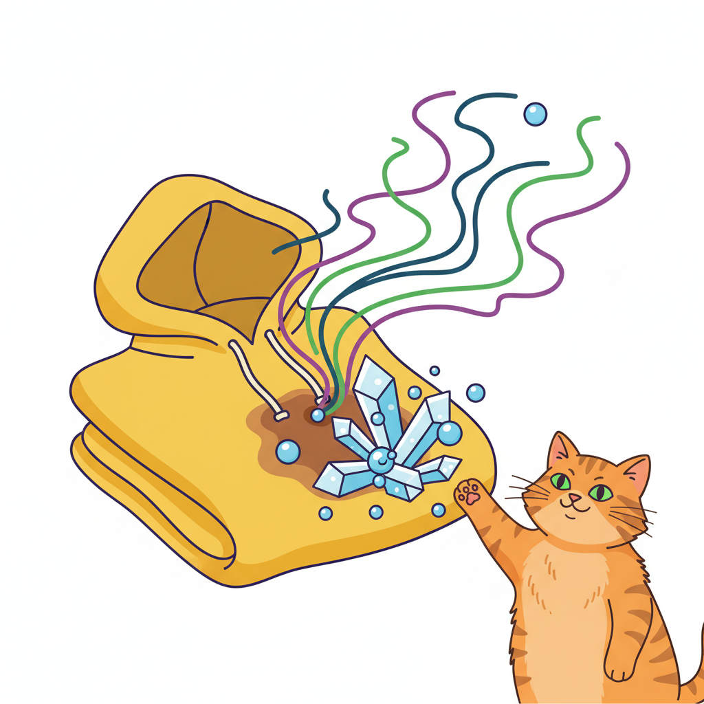 A stylized depiction of a piece of clothing with a subtle, visible stain, from which abstract, swirling lines represent unpleasant odors. A friendly, somewhat mischievous cat observes the scene from a corner. Superimposed on or next to the stained area, microscopic crystalline structures are shown, some resisting water molecules, visually representing the water-insoluble uric acid crystals. The illustration should convey the scientific challenge of stubborn cat urine odors. Style: Flat illustration with clean lines, vibrant colors, and a slight scientific infographic feel for the crystalline elements.