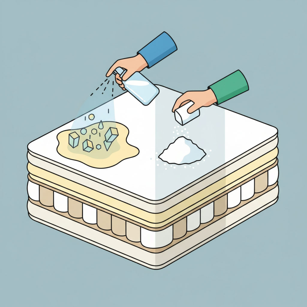A clean, flat illustration or infographic-style image depicting a mattress cross-section. On the left, a faint yellow stain is visible, with tiny, stylized, crystalline particles subtly embedded within the fabric fibers, symbolizing uric acid. Moving to the center, a hand is spraying a clear liquid from a bottle onto the stain, representing the vinegar solution. Further right, another hand is sprinkling a generous layer of white powder (baking soda) over the treated area. The rightmost section of the mattress should appear completely clean and fresh. The overall image should be simple, clear, and instructional.