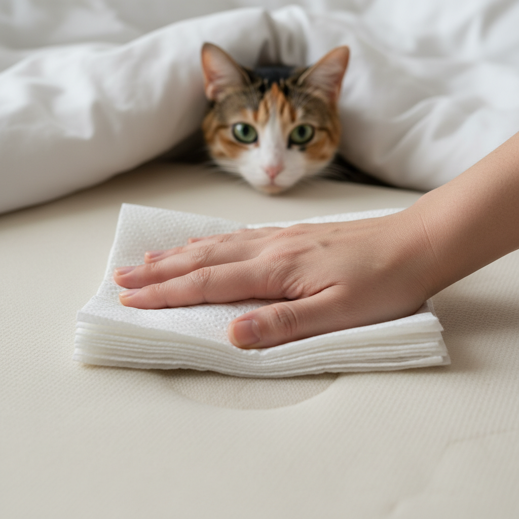 A close-up, professional photographic scene showing a human hand firmly pressing a stack of clean, absorbent white paper towels or a white cloth onto a light-colored mattress. A subtle, damp circular patch is visible on the mattress underneath the towels, indicating the absorption of liquid. In the slightly blurred background, a domestic cat (e.g., a tabby or calico) is peeking with a curious or slightly innocent expression from the edge of the bed. The overall image conveys a sense of immediate action and resolution.
