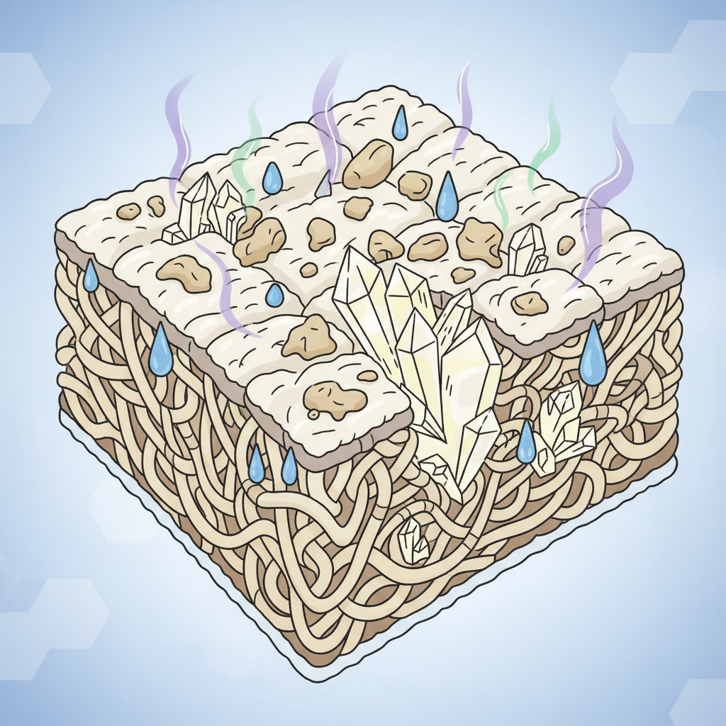 An infographic-style illustration depicting a magnified, cross-sectional view of mattress fibers. Within these fibers, abstract, angular crystalline structures (representing uric acid crystals) are visibly embedded. Alongside them, smaller, irregular shapes symbolize other components like urea and urochrome. Subtle, wavy lines or abstract 'odor particles' emanate from these substances, illustrating the stubborn smell. A few translucent blue droplets or wavy lines suggest water attempting to interact with the crystals, but the crystals remain largely intact.