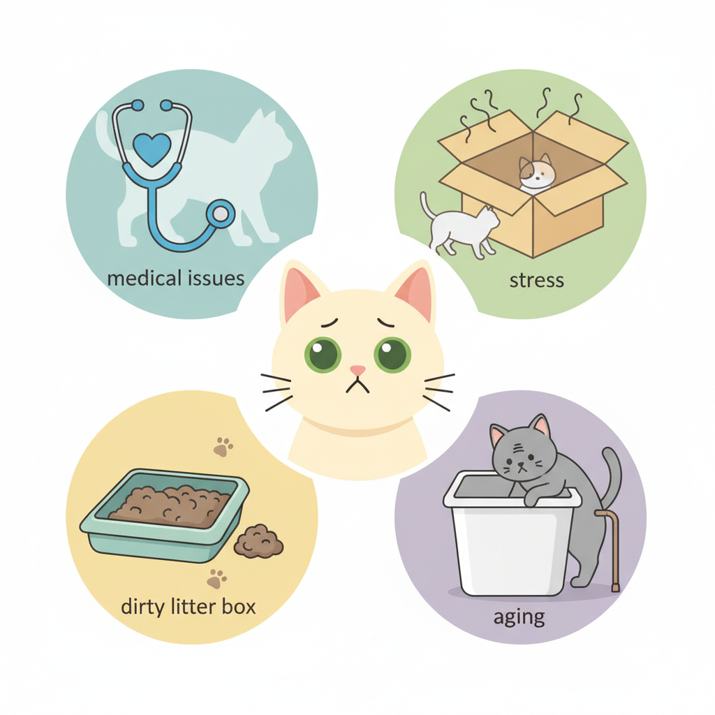A clean, modern flat illustration depicting a conceptual overview of reasons a cat might urinate outside its litter box. The central element is a slightly worried-looking cat. Around it, smaller, distinct vignettes illustrate various causes: a veterinarian's stethoscope hovering over a stylized cat outline (medical issues), an overflowing or dirty litter box, a faint outline of a moving box or new pet in the background (stress), and perhaps an elderly cat struggling to climb (aging). The style should be infographic-like, using soft, muted colors for clarity and visual appeal.