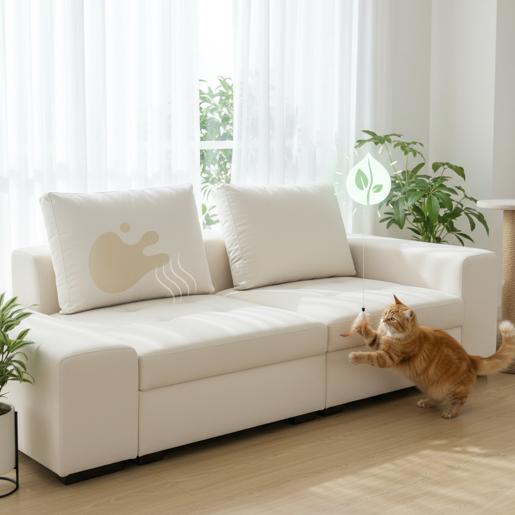 A professional photo depicting a modern, light-colored sofa in a bright and inviting living room. On one side of the sofa, a subtle, almost invisible 'ghost' of a discolored, slightly damp spot is visible on a cushion, with very faint, translucent wavy lines suggesting an unpleasant odor emanating upwards, indicating a past problem. On the other side, the same sofa cushion appears perfectly clean, dry, and fresh, with a small, stylized, subtly glowing 'fresh' icon (like a leaf or a soft light burst) floating above it, representing the successful removal of the stain and odor. A contented cat could be playfully swatting a toy near the clean side of the sofa, or relaxing on it, reinforcing a happy outcome.