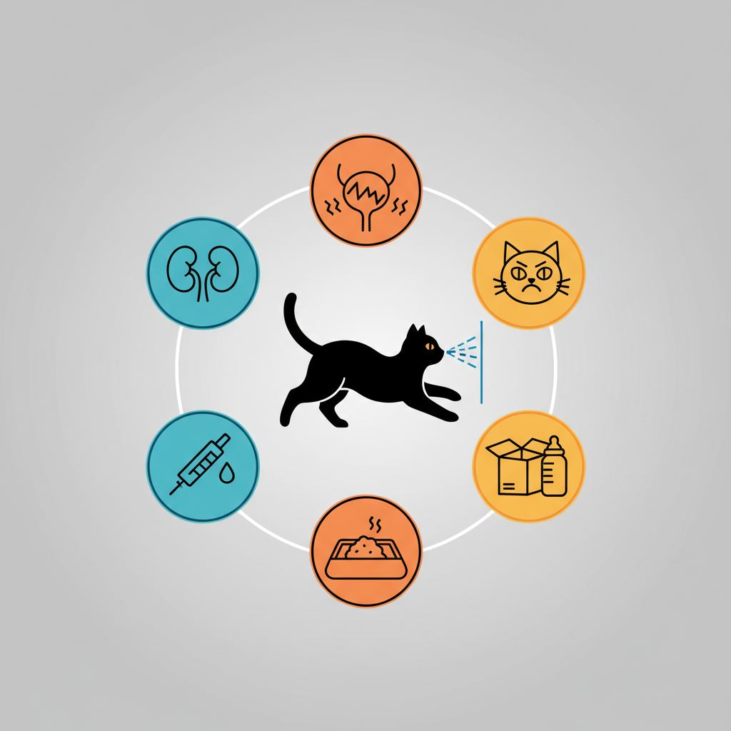 A clear, engaging infographic-style illustration presenting a series of distinct visual icons, arranged around a central stylized cat silhouette. On one side, three icons represent medical causes: a stylized kidney, a bladder symbol with pain indicators, and a glucose monitor or insulin pen, all cleanly drawn. On the other side, three icons represent behavioral causes: a stressed cat with furrowed brow, an overflowing or small litter box, and a moving box or baby bottle suggesting change, plus a subtle vertical spray icon on a wall representing marking. Each icon should be easily identifiable and distinct, using a consistent, modern color palette without any accompanying words or numbers.