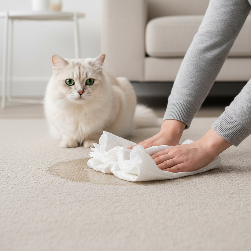 A brightly lit, clean professional photo showing a domestic setting. A light beige carpet has a subtly visible wet patch. A clean, fluffy cat with a slightly worried expression is sitting near the patch. A human's hands, wearing light clothing, are firmly pressing a thick stack of white, absorbent paper towels onto the wet area, demonstrating the immediate action of soaking up liquid. The focus is on the helpful, quick response to the issue, conveying a sense of effective intervention rather than despair.