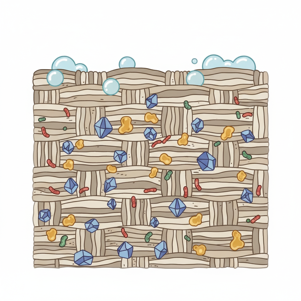 A detailed flat illustration in an infographic style depicting a highly magnified cross-section of carpet fibers. The fibers are tightly woven and textured. Deep within and around these fibers, small, crystalline shapes representing uric acid are embedded, along with yellowish, amorphous blobs for urochromes and tiny rod-like bacteria. Some larger, less effective cleaning solution bubbles are shown only on the surface of the fibers, visually demonstrating why conventional cleaners fail to reach the deeply embedded elements. Use a clean, educational color palette.