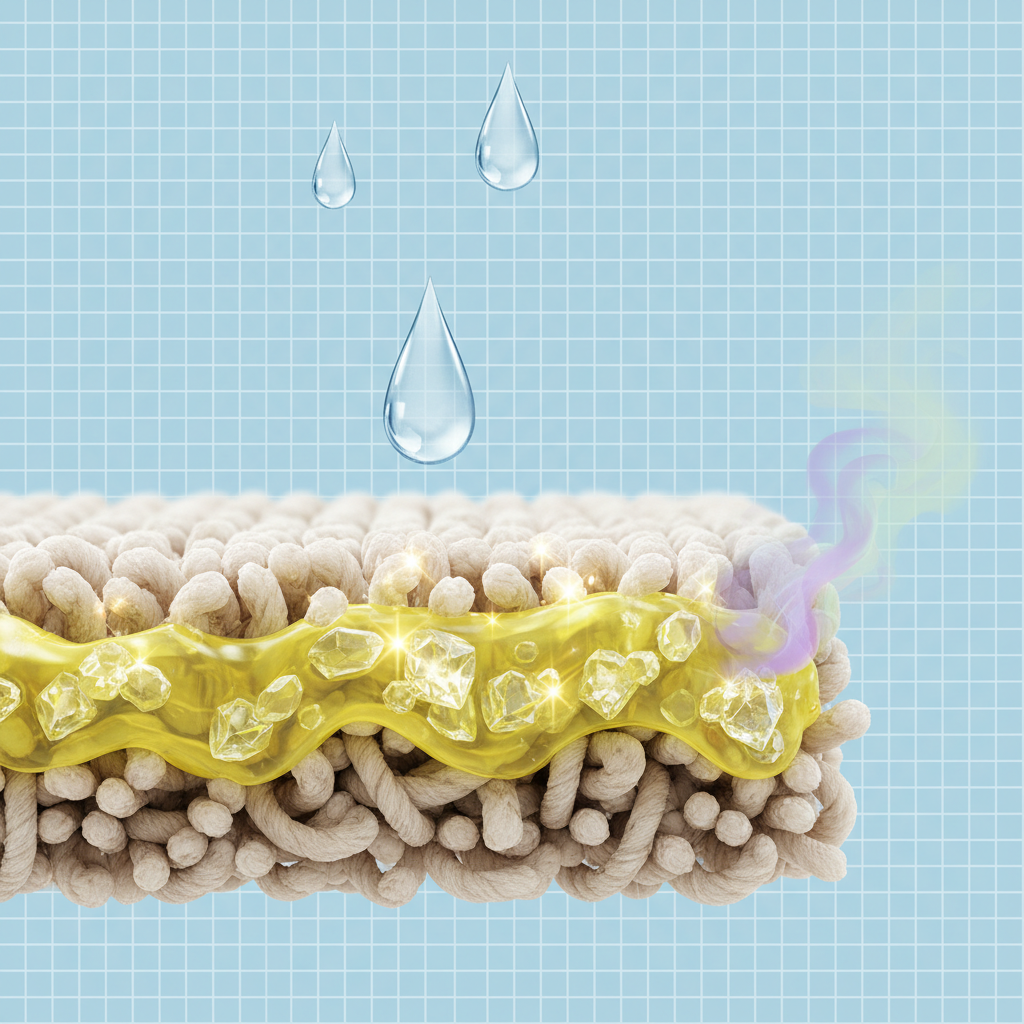 A detailed, close-up scientific cutaway illustration of a carpet fiber structure. Show a yellow liquid representing cat urine soaking into the fibers. Within the fibers and the liquid, depict tiny, sparkling, crystalline structures (uric acid crystals) embedded deeply. From the background, a few drops of clear water are shown hitting the urine-soaked area, causing the embedded crystals to visibly reactivate or shimmer intensely, illustrating the concept that water can worsen the problem by reactivating the uric acid. A faint, swirling cloud of purple or green vapor could subtly represent the unpleasant odor. The overall style should be a crisp, clean infographic style, focusing on the microscopic detail.