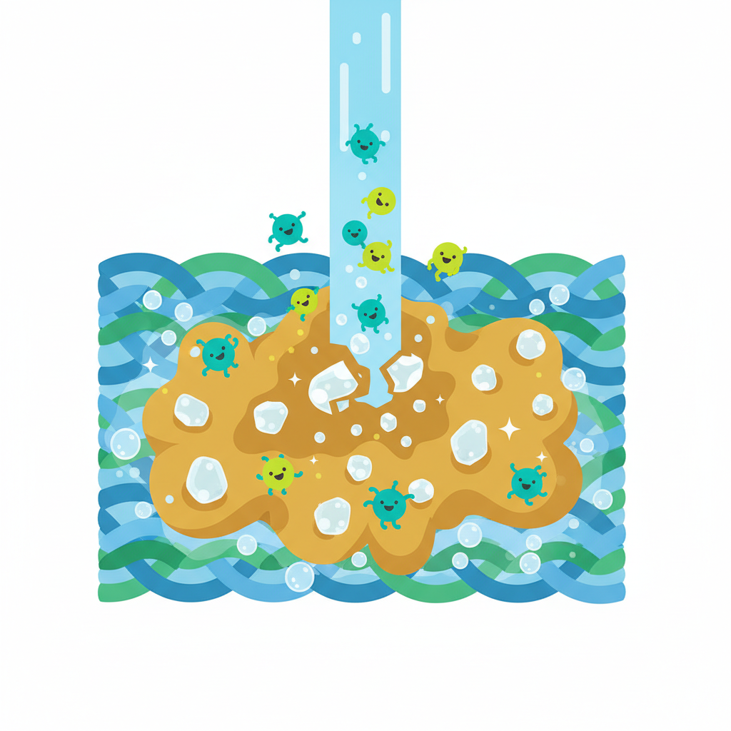 A vibrant, clean flat illustration showing a microscopic view of a carpet fiber with a visible stain of dried cat urine. Embedded within the fibers are numerous small, irregular uric acid crystals. From the top, a stylized stream of an enzymatic cleaning solution is applied. Within the cleaning solution, small, abstract 'enzyme' or 'beneficial bacteria' characters are depicted as active, energetic blobs or spheres, visibly surrounding and breaking down the uric acid crystals into smaller, disappearing particles. The overall effect should convey the neutralization and elimination of the stain and odor at a molecular level, with a sense of clarity and cleanliness replacing the previous problem area. The color palette should be bright and positive.