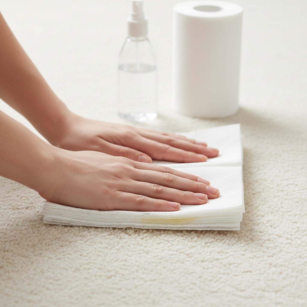 A professional, close-up photo illustrating the immediate cleaning of a fresh cat urine spot on a light-colored carpet. A pair of hands is firmly pressing a stack of clean, white paper towels onto a subtly damp area. The paper towels show a slight discoloration from absorbed liquid. A roll of paper towels and perhaps a generic, unlabeled cleaning spray bottle are visible in the soft-focus background, suggesting a cleaning action. The scene emphasizes swift, absorbent action without rubbing.