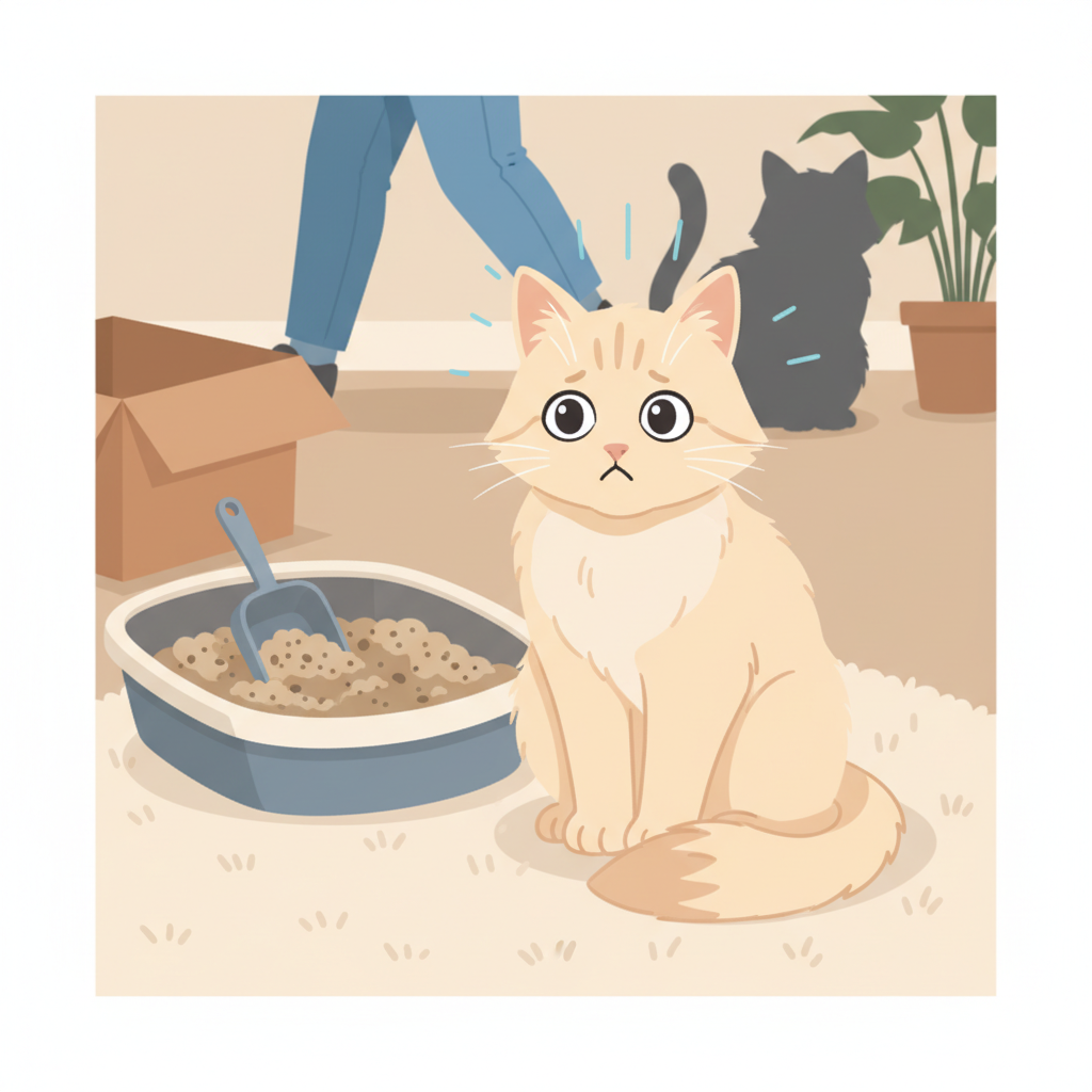 A flat illustration portraying a slightly anxious cat sitting on a plush, light-colored carpet. The scene subtly integrates visual cues for reasons a cat might urinate outside its litter box. In the background, a small, somewhat unkempt litter box is visible, suggesting cleanliness issues. Nearby, a shadowy silhouette of another cat or a new person, partially obscured, hints at stress or territorial concerns. The cat's posture should convey unease or thoughtfulness, drawing attention to potential underlying issues rather than just the mess. The style should be clean with empathetic undertones, using a soft color palette.