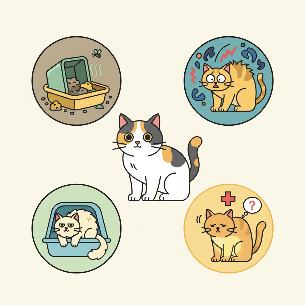 A clean, flat illustration depicting common reasons for a cat urinating outside its litter box. The central element is a cat with various symbolic vignettes surrounding it. One vignette shows a dirty, overflowing litter box. Another portrays a stressed cat with abstract swirling lines or jagged shapes indicating anxiety. A third shows a small, cramped litter box with a displeased cat peering out. A final element could be a stylized medical cross or a subtle thought bubble with a question mark above a cat looking unwell. The style should be approachable and informative, using clear, distinct shapes and a harmonious color palette.