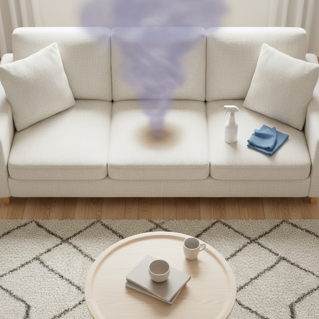 A professional, bright overhead shot of a cozy living room scene. A comfortable, light-colored fabric sofa is central, featuring a subtly damp, slightly darker patch on one cushion, indicative of a pet accident. A soft, stylized, translucent purple-grey cloud subtly hovers above the damp spot, representing an unpleasant odor. Cleaning tools like a spray bottle and a microfibre cloth are positioned neatly beside the affected area, suggesting the impending cleaning process. The overall mood is practical and solution-oriented, not gross or explicit.
