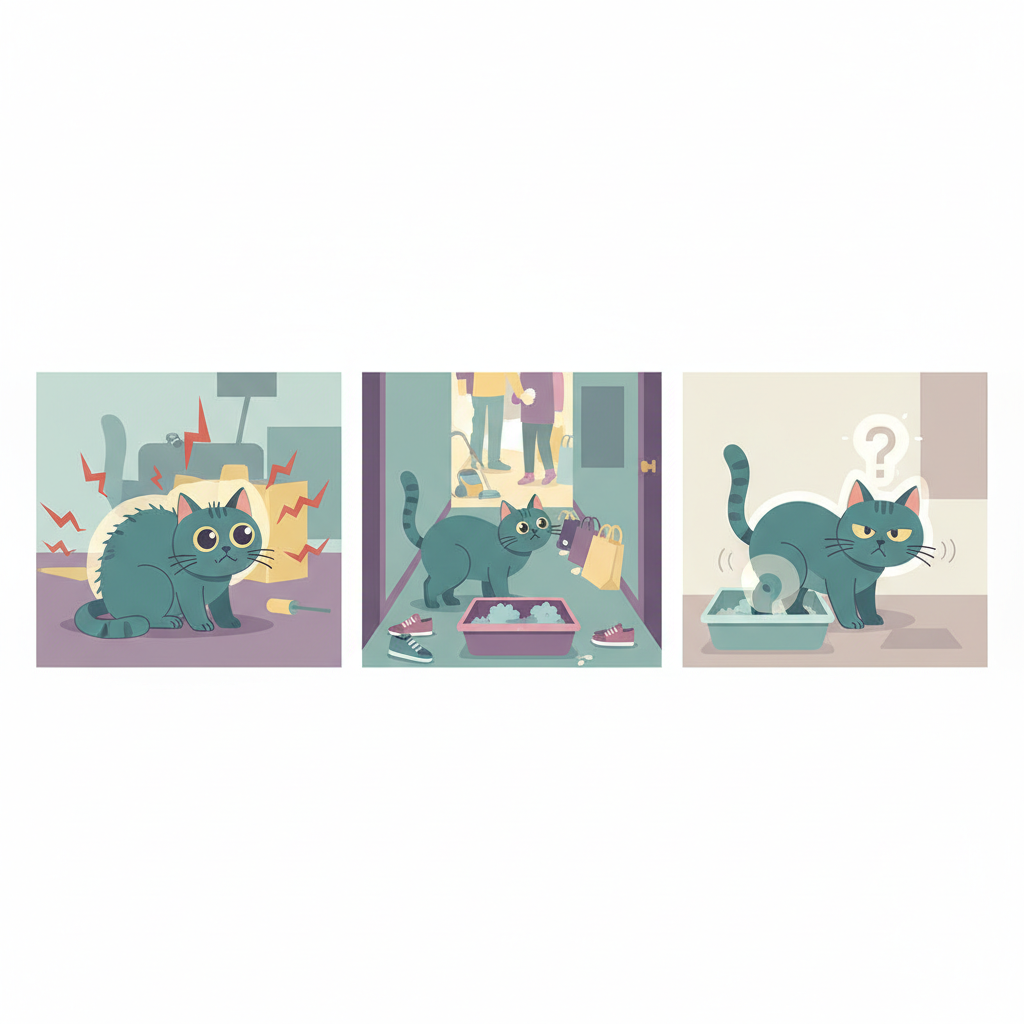 A multi-panel, diagrammatic flat illustration depicting common reasons for a cat urinating outside its litter box. One panel shows a stressed-looking cat with wide eyes, observing chaotic changes in its environment (e.g., abstract shapes representing loud noises or new objects). Another panel features a small, overflowing litter box in a busy, central hallway, with a cat hesitantly turning away. A third panel subtly suggests discomfort, showing a cat with a slightly hunched posture, hinting at potential medical issues. The overall aesthetic is informative and empathetic.