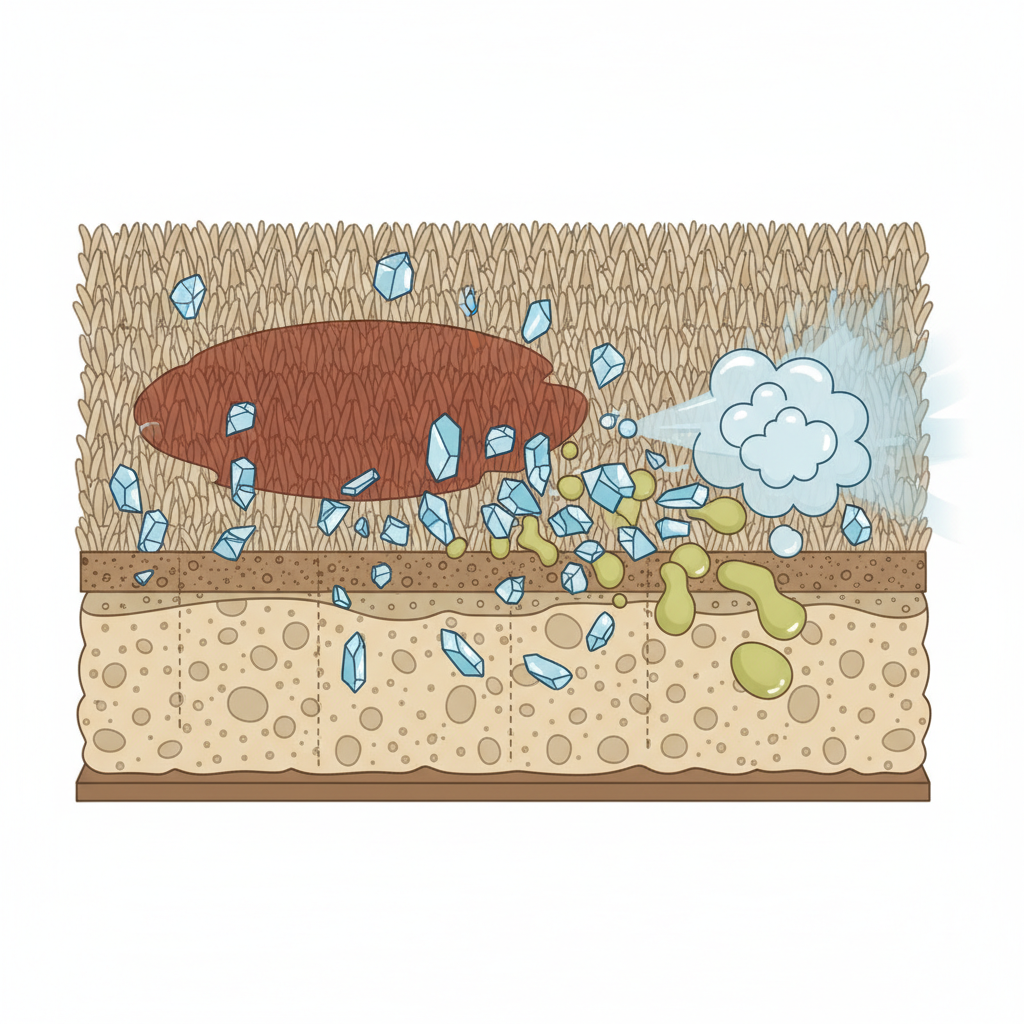 A clear, detailed infographic-style illustration showcasing a cross-section of a common household surface, like a carpeted floor or upholstered furniture. A distinct, abstract 'stain' is visible on the surface. From this stain, small, crystalline shapes (representing uric acid) are deeply embedded and spread throughout the fibers, extending downwards into the material's layers. Next to this, a stylized 'cleaning solution' (depicted as liquid droplets or a diffused spray) is actively interacting with these crystals, visually breaking them down or dissolving them into inert, benign forms. The illustration emphasizes the deep penetration of the odor-causing compounds and the scientific process of their neutralization.