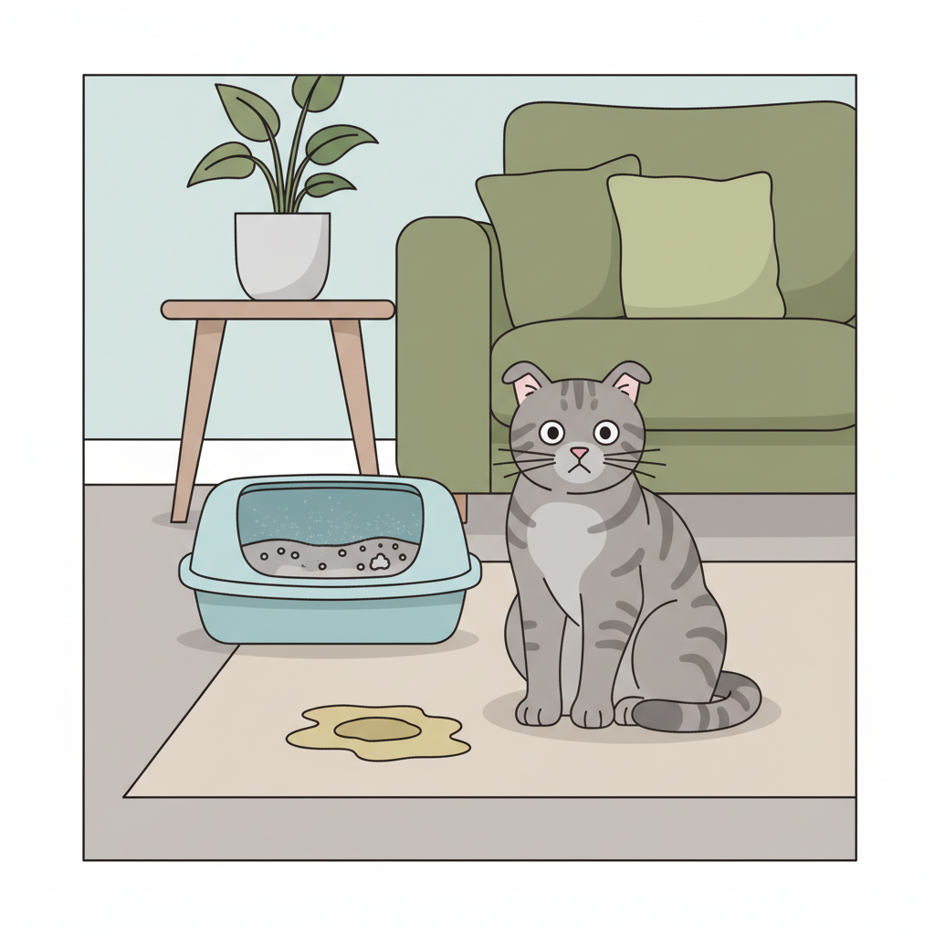 A detailed flat illustration depicting a common household scenario. A domestic shorthair cat is shown next to an area rug in a living room, looking slightly stressed or uncomfortable with subtly flattened ears. A fresh, small, wet urine spot is visible on the rug. In the background, a slightly dirty or inadequate litter box is partially visible, hinting at a potential underlying cause for the accident. The overall style should be clean, modern, and slightly stylized, using a calm yet distinct color palette to highlight the problem without being graphic.