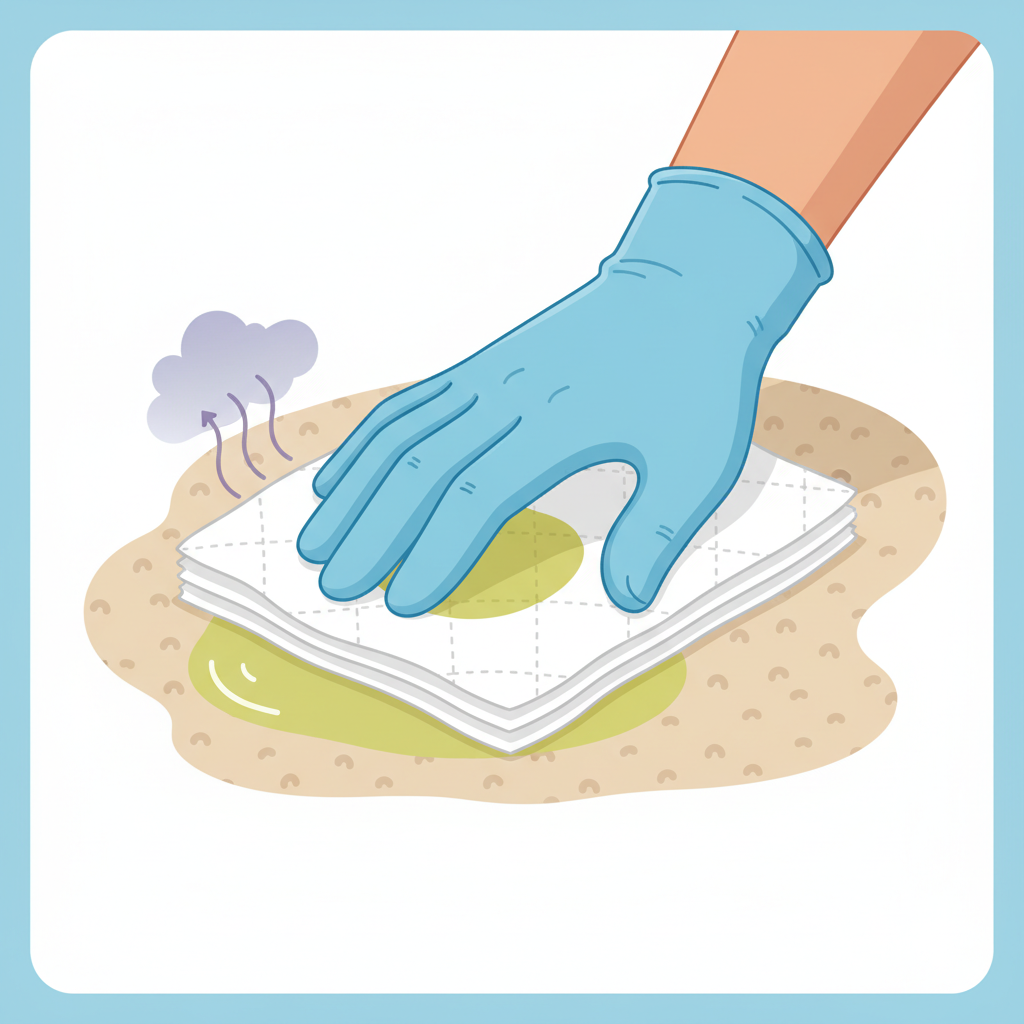An infographic-style illustration demonstrating the immediate cleaning of cat urine. A gloved hand is shown firmly but gently dabbing a fresh urine spot on a carpet or upholstered surface with a stack of absorbent paper towels. Subtle, stylized wavy lines or a muted 'cloud' graphic emanate from the wet spot, visually representing odor and moisture. These visual elements are then shown being absorbed into the paper towels, emphasizing the act of quick and effective removal of both liquid and potential smell. The aesthetic should be clean, instructional, and use a clear, bright color scheme.