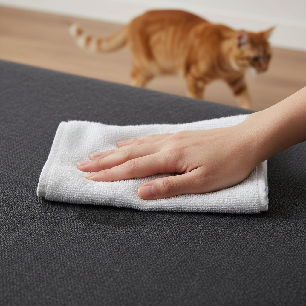 A close-up, professional studio photo showing a human hand gently pressing a clean, absorbent white towel onto a dark grey fabric sofa. A small, slightly damp area is visible where the towel makes contact, implying a recent liquid spill. The sofa fabric has a subtle texture. In the soft-focus background, a domestic short-haired cat (e.g., tabby or ginger) is partially visible, walking away from the sofa. The lighting is soft and natural, emphasizing cleanliness and the act of absorption. No text or symbols should be present.