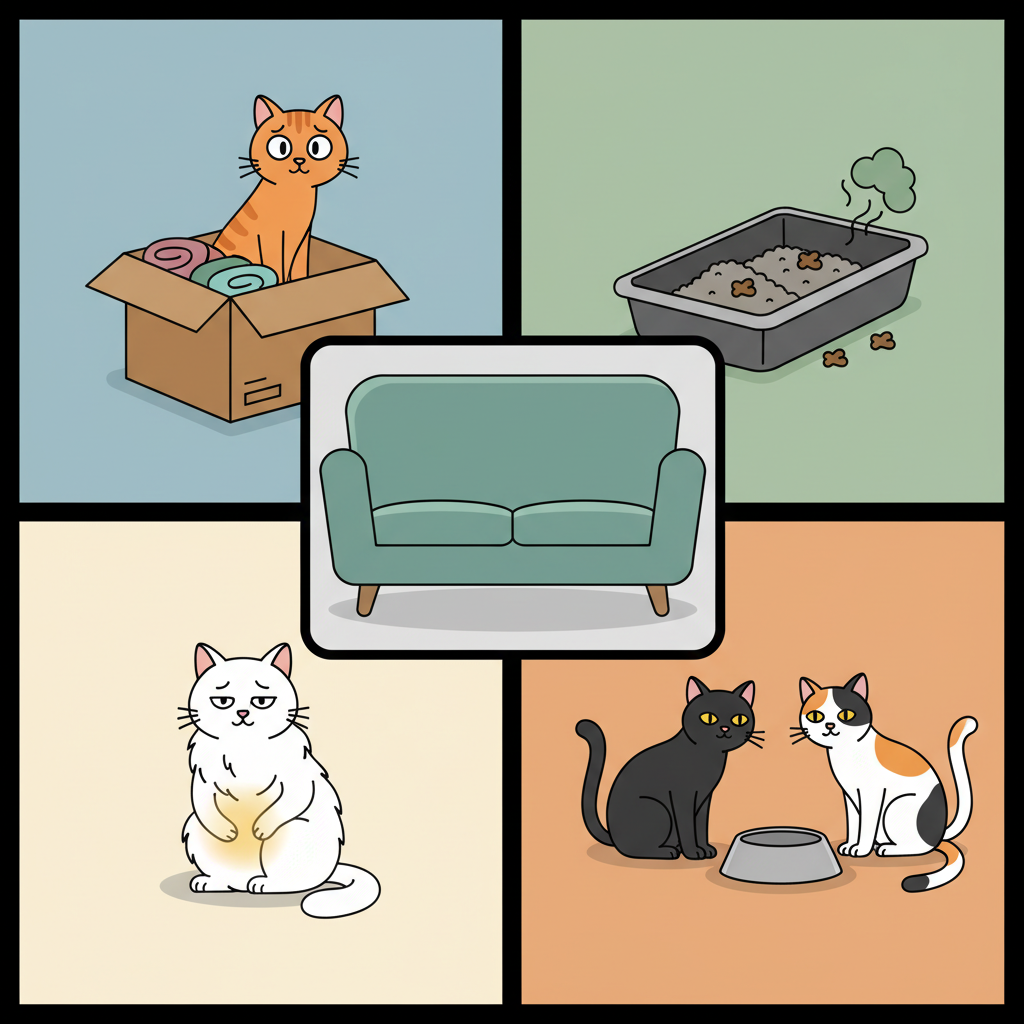 A stylized flat illustration in a clean, vector art aesthetic, depicting a multi-panel visual summarizing common reasons for cat marking behavior. The central element is a minimalist sofa. Surrounding it are small, distinct scenes: a cat looking anxious near a cardboard box (representing moving stress), a dirty, overflowing litter box, a cat holding its paw to its stomach subtly indicating discomfort (for health issues), and two cats eyeing each other over an empty food bowl (for competition). The color palette is modern and muted, with clear separation between concepts. No text or symbols should be present.