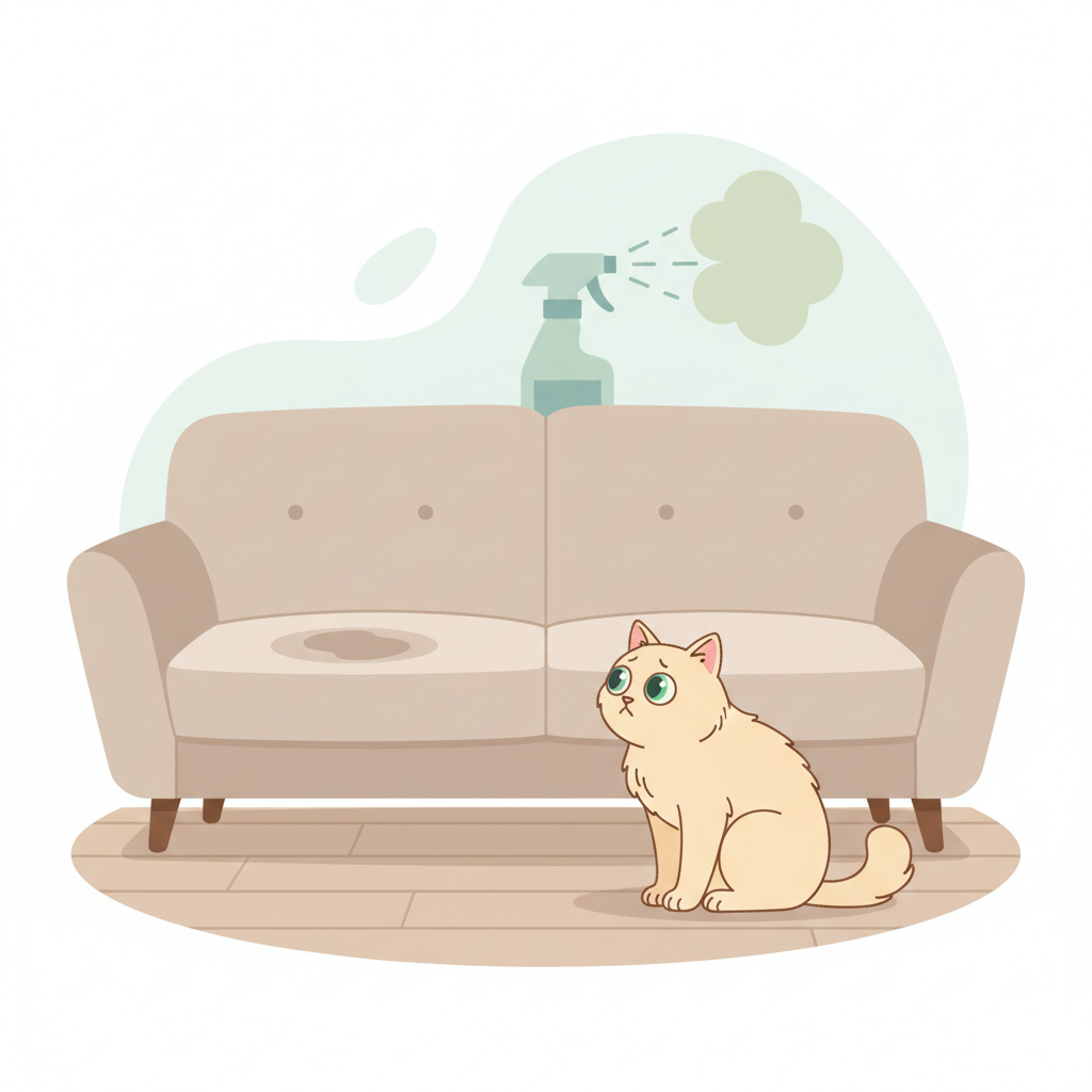 A clean, modern living room scene with a light-colored sofa. On one cushion, there's a subtle, slightly damp-looking stain area, indicating a recent cat urine accident. Nearby, a fluffy cat sits on the floor, looking up at the sofa with a somewhat anxious expression. In the background, blurred elements or faint symbols could suggest cleaning tools or a fresh, neutralizing mist, hinting at the solution. The overall mood should be relatable but not overly dramatic, focusing on the common problem and the promise of resolution. Flat illustration style with soft, inviting colors.