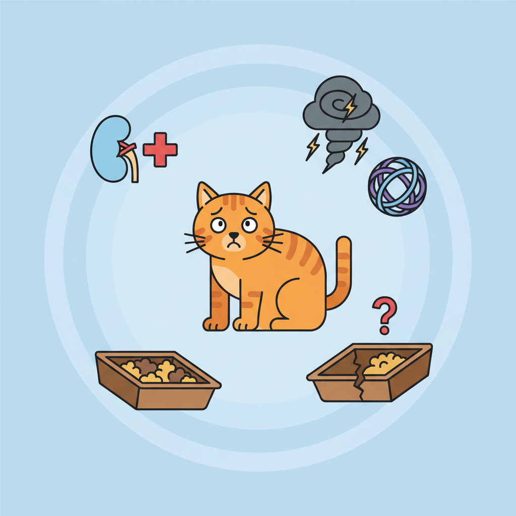 A conceptual flat illustration depicting a stylized cat looking slightly distressed in the center. Around the cat, various small, distinct icons or mini-illustrations float, representing common reasons for inappropriate urination. These could include: a stylized kidney or bladder with a subtle medical cross (medical issues), a storm cloud or an abstract tangled ball (stress/anxiety), and a litter box with visibly dirty or overflowing litter (litter box problems). The background is clean and minimalistic, allowing the icons to stand out, visually explaining the complex 'why' behind the behavior in an infographic style.
