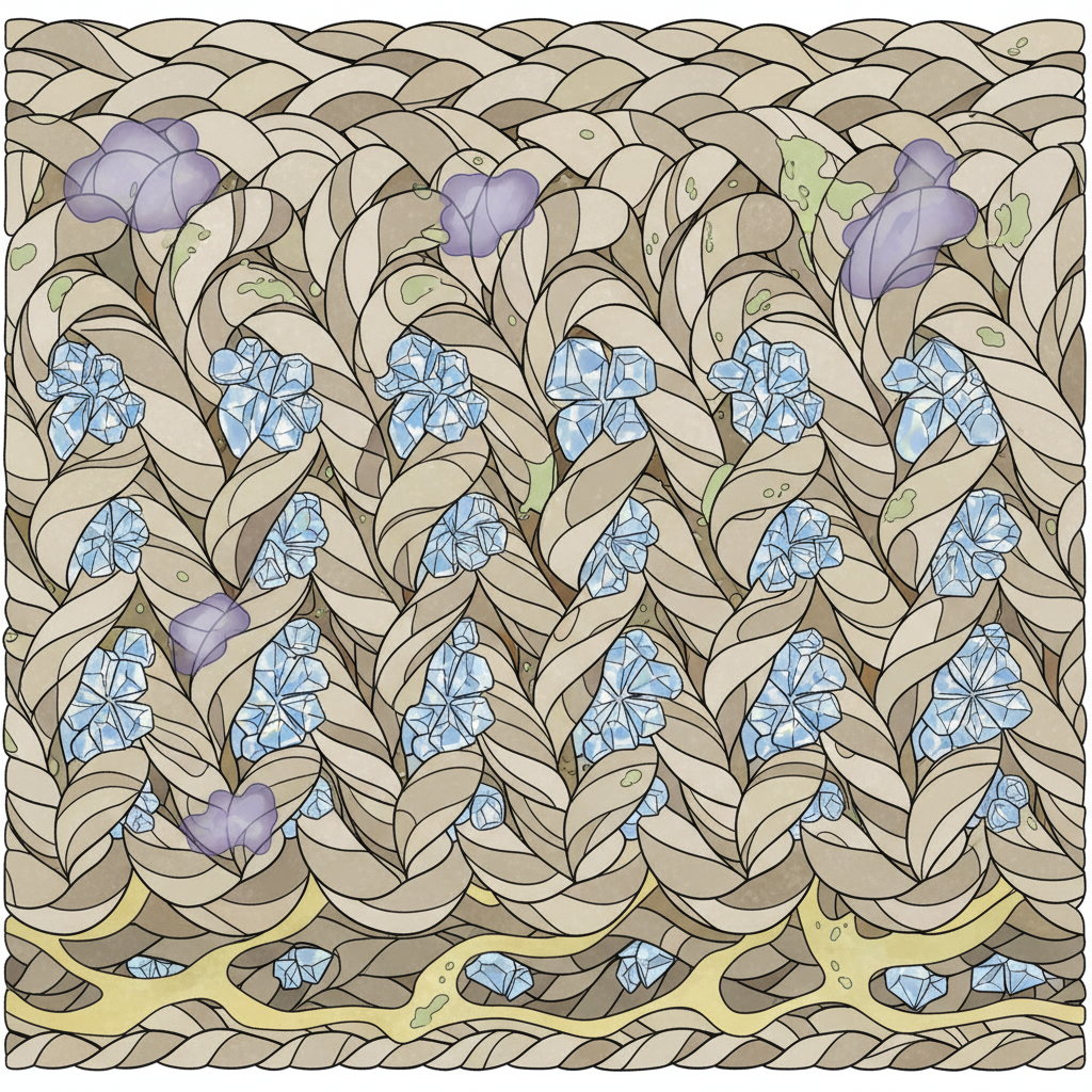 A detailed, scientific illustration depicting a magnified cross-section of carpet fibers. Within the intricate weave of the carpet, numerous tiny, crystalline structures are visibly embedded deep within the fibers, representing uric acid crystals. Some subtle yellow liquid is present, surrounding the fibers, indicating the urine. Abstract, faint cloud-like shapes could subtly suggest ammonia or bacteria. The overall image should convey the difficulty of removing these deeply set elements, emphasizing their tenacious grip on the carpet material. Style: Modern scientific diagram, crisp lines, clean colors, informative yet abstract.