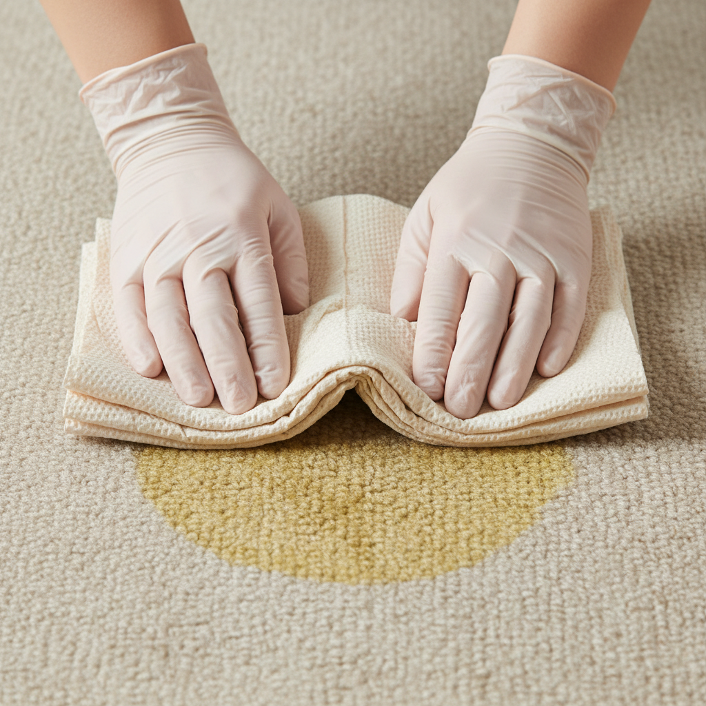 A close-up, professional photo capturing the immediate action of cleaning a fresh cat urine stain on a carpet. A pair of hands, possibly wearing light gloves, is depicted firmly pressing a thick stack of clean, white paper towels or a highly absorbent cloth onto a visible, damp, yellowish stain on a neutral-colored carpet. The paper towels should show clear evidence of absorbing the liquid from the carpet. The focus is on the pressing, blotting motion rather than rubbing, conveying the recommended technique for stain removal. Style: Realistic photography, bright, clean, practical, informative.