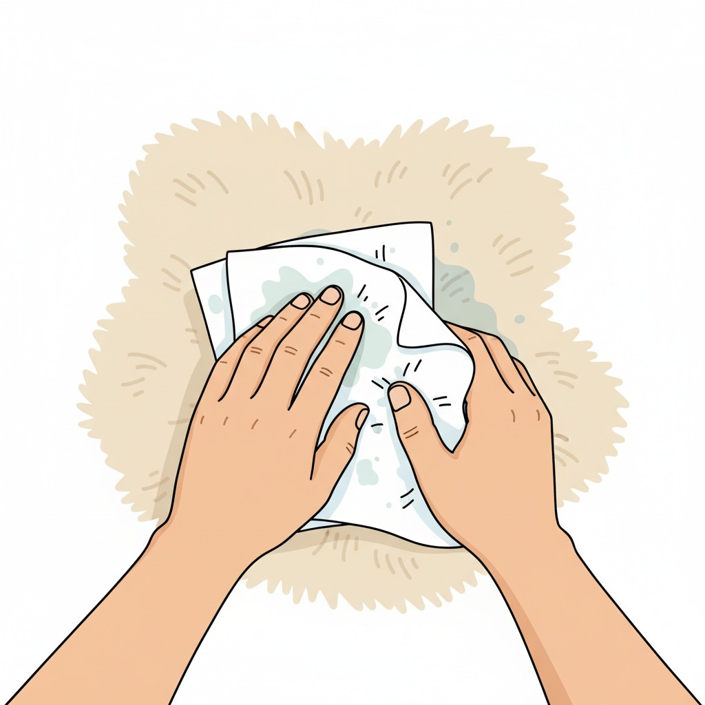 A top-down or slightly elevated view of a person's hands diligently dabbing a fresh, damp spot on a light-colored, shaggy carpet with several layers of white paper towels. The hands are clean and focused on the task, pressing firmly but gently, absorbing liquid from the carpet. The damp spot on the carpet is subtle, showing just a slight discoloration or wetness where the paper towels are working. The overall lighting is bright and clean, suggesting a domestic setting. Flat illustration style, clean lines, and a friendly, helpful aesthetic, emphasizing immediate action.