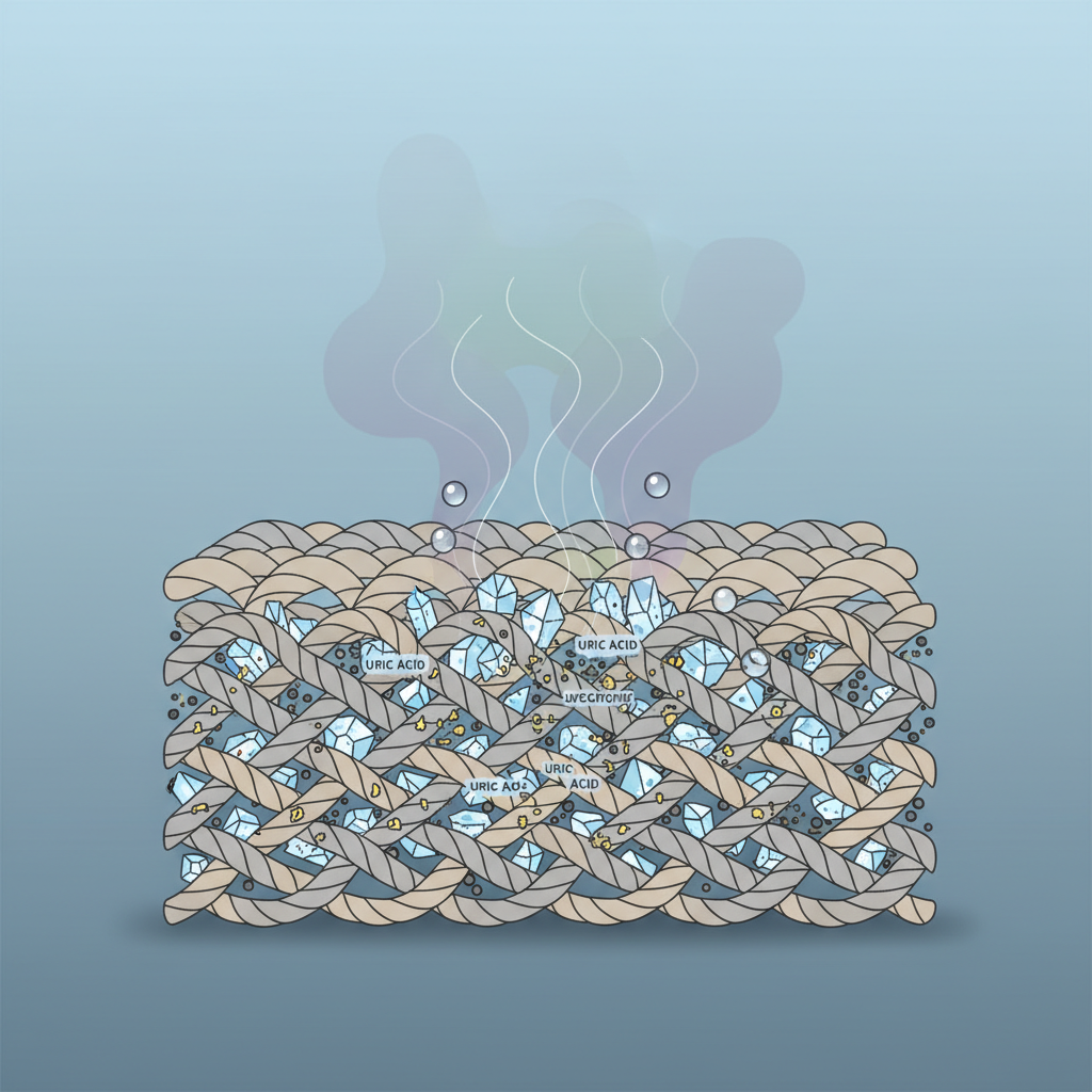 A stylized, cutaway diagram illustrating the microscopic interaction of cat urine components within carpet fibers. Show a magnified, cross-section view of interwoven carpet fibers. Deep within these fibers, depict tiny, angular crystal-like structures (representing uric acid) embedded, along with subtle yellow specks (urochromes) and small, dark dots (bacteria). Above or near these crystals, show faint, wavy lines or a subtle, diffuse cloud emanating, symbolizing the release of intense odor when moisture (represented by small, clear water droplets) interacts with the embedded crystals. Infographic style with clear, distinct elements and a modern, scientific feel.