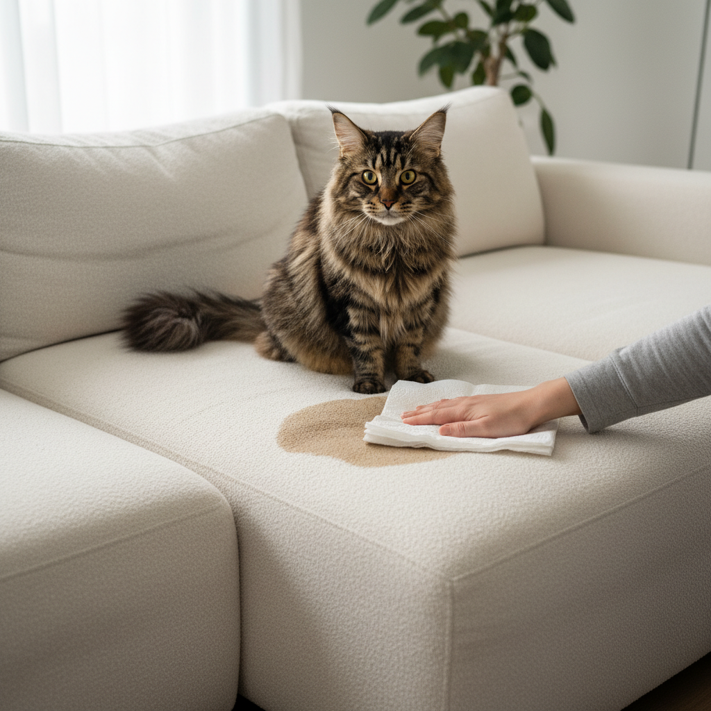 A professional, brightly lit photo captures a plush, light-colored sofa with a small, visibly damp area. A clean, fluffy cat, possibly a Maine Coon or similar breed, sits nearby, looking subtly sheepish or concerned. A human hand, wearing a plain long-sleeved shirt, is gently pressing a stack of absorbent white paper towels onto the damp spot, demonstrating the initial step of soaking up liquid. The focus is on quick, gentle action, with the sofa and cat as central elements. Soft, natural lighting enhances the textures.