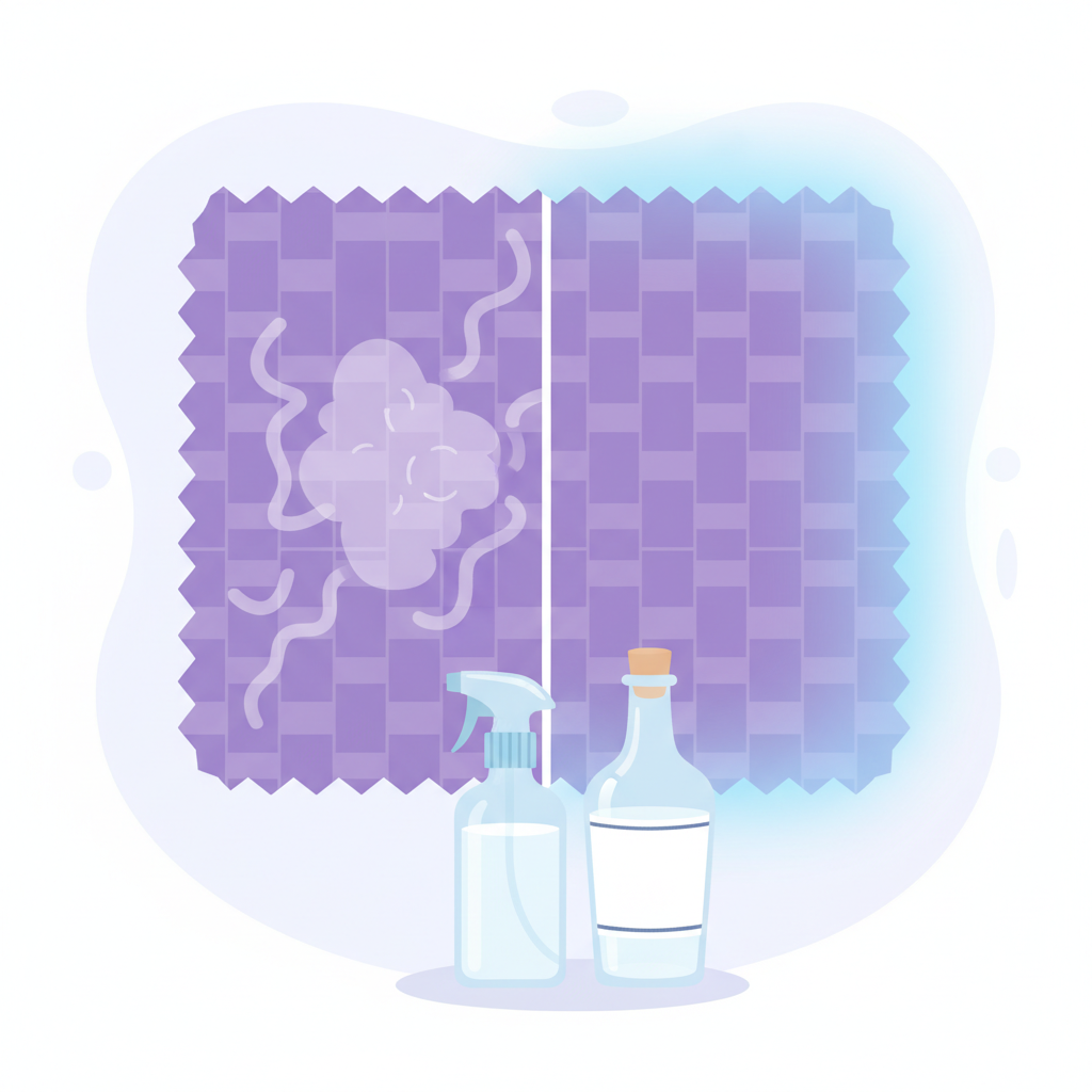 A vibrant, clean flat illustration depicts a section of a sofa fabric swatch. On one side, a subtle, stylized purple-ish 'cloud' or faint wavy lines emanate from a spot on the fabric, indicating an unpleasant odor. On the other side of the swatch, the area is perfectly clean and fresh. In the foreground, a clear spray bottle filled with a light liquid and a bottle of white vinegar are neatly arranged, symbolizing the active cleaning solution. The overall aesthetic is bright and optimistic, showcasing the concept of effective odor neutralization through natural means.