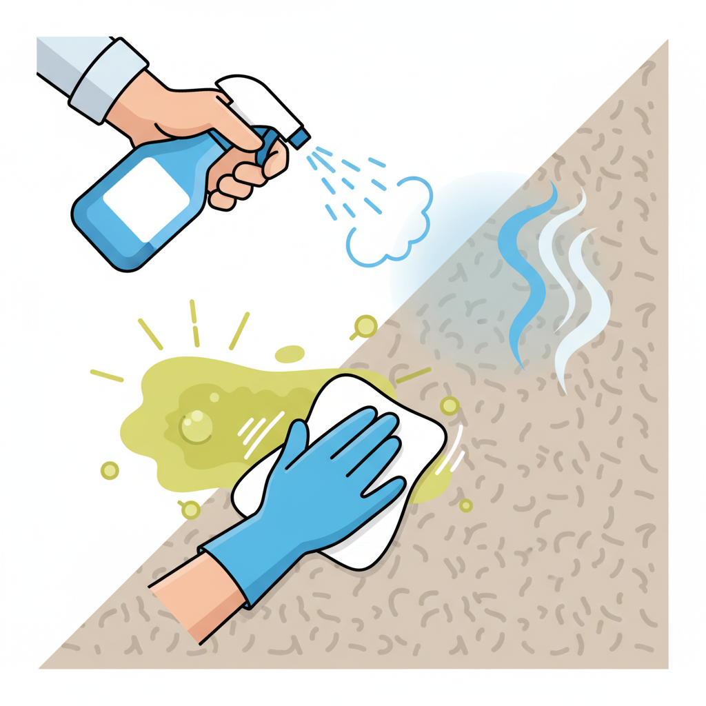 An infographic-style illustration showcasing the transformation of a carpet stain. A segment of a neutral-colored carpet features a prominent, stylized yellow-green puddle representing a fresh cat urine stain. An arm, holding a spray bottle, is directed at the stain, while a cleaning cloth is actively wiping it away. On the opposite side of the image, the carpet fibers appear completely clean and restored, emanating a subtle, soft glow or a few abstract 'freshness' wisps, signifying odor removal and cleanliness. The visual progression implies effective cleaning.