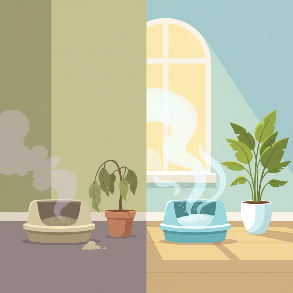 A flat illustration depicting a divided scene. On one side, a subtly unkempt litter box with a faint, swirling purple-grey cloud emanating from it, representing unpleasant odor. A stylized, slightly droopy houseplant might be nearby. The other side shows a sparkling clean litter box, a vibrant green houseplant, and subtle, light blue or white 'fresh air' wisps radiating outwards into a bright, airy room with a window letting in sunlight. The overall mood shifts from dull to cheerful and fresh, highlighting the transformation from smelly to clean.