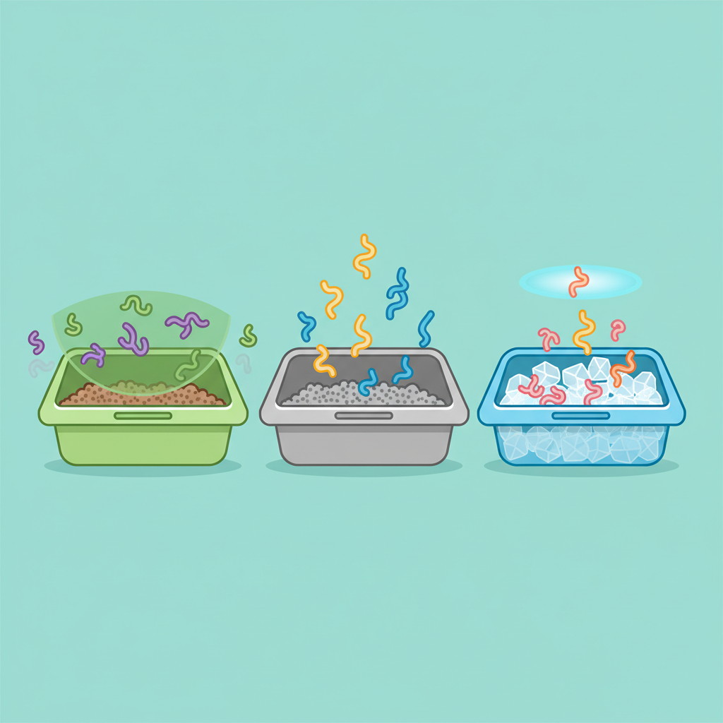 An infographic-style illustration showcasing a comparative overview of different cat litter types and their odor-trapping capabilities. Display three distinct stylized litter boxes, each containing a different type of litter (e.g., rough brown texture for plant-based, fine grey granules for clay, clear crystals for silica gel). Above each litter box, abstract, colorful 'odor molecules' (small, irregular shapes) are depicted. For effective litter types, these molecules are contained within the litter or a 'shield' above, while for less effective ones, some molecules escape upwards. Use a clean, vibrant color palette for clarity.