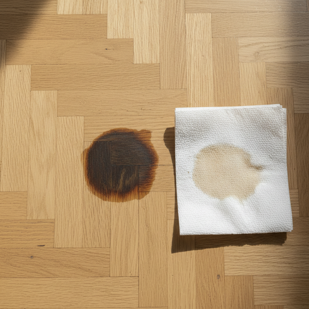 A realistic, high-angle close-up photo of a clean, light-colored parquet floor with a prominent, dark, circular stain deeply embedded in the wood grain. The image should clearly show the texture of the wood around the stain. Next to the stained area, a clean, white, absorbent paper towel is gently dabbing the spot, with a slightly darker, damp patch appearing on the towel, indicating absorption. The lighting is soft and natural, highlighting the contrast between the clean wood and the stubborn, dark discoloration, illustrating both the problem and the immediate action.