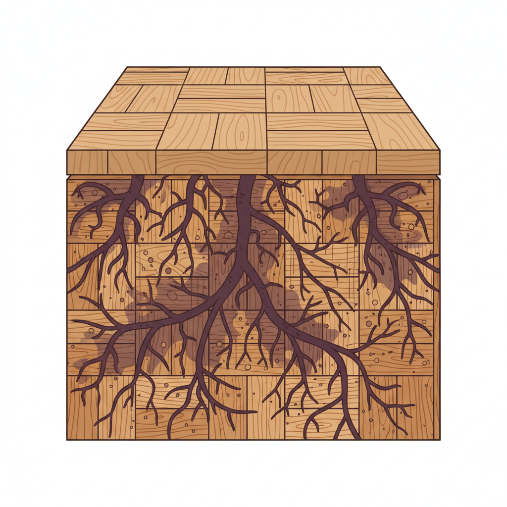 An intricate, stylized cross-section diagram of a parquet floorboard, rendered in a detailed flat illustration style. The top surface of the wood is visible, showing the wood grain. Below this surface, the internal wood structure is depicted with clear fibers and pores. Dark, deep purple and brown tendrils or roots, symbolizing the penetrating urine components like uric acid, are shown deeply embedded within the wood fibers, causing a visible dark discoloration that spreads throughout the internal wood structure. The overall aesthetic should be clean and educational, using a palette of warm wood tones contrasted with the dark, invasive elements.