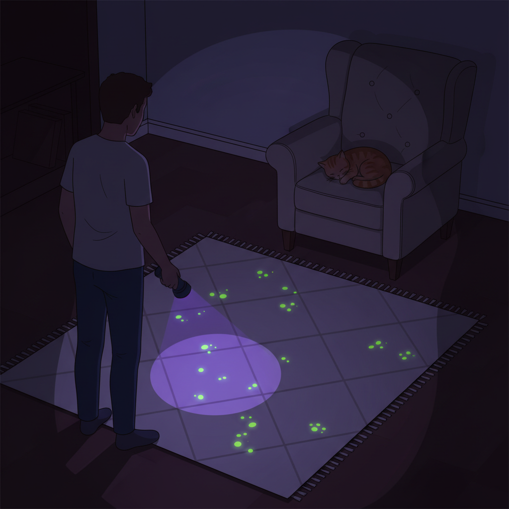 A professional digital illustration depicting a dimly lit living room scene at dusk. A person, viewed from behind or side, holds a purple-glowing UV flashlight, pointing it towards a section of a patterned, light-colored carpet. On the carpet and subtly extending onto a wooden baseboard, several bright, glowing yellow-green spots and streaks are visible, indicating hidden cat urine. The rest of the room is in soft shadow, creating a sense of discovery and mystery. A cat might be faintly visible sleeping peacefully on a distant armchair, oblivious.