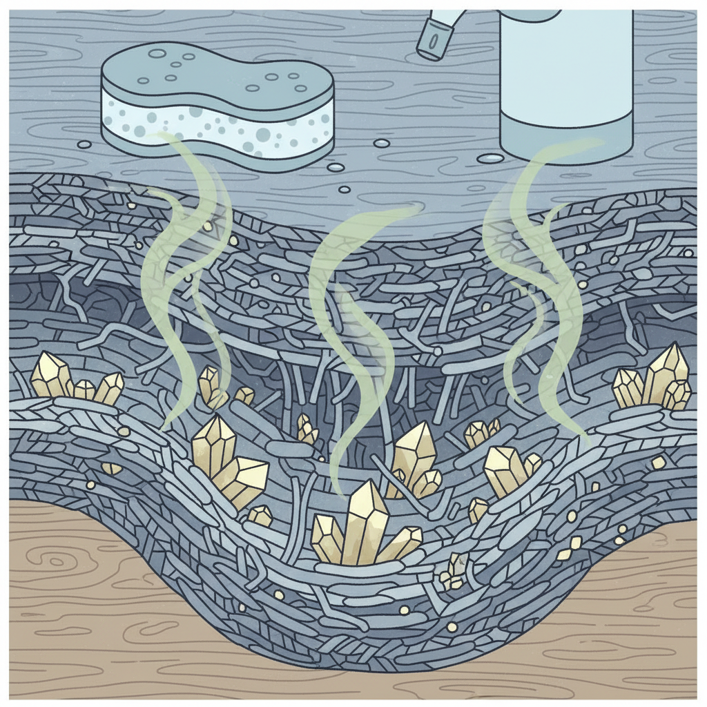 A clean, modern infographic-style illustration presenting a cross-section of porous material, such as carpet fibers or a wooden floorboard, highly magnified. Deep within the material's structure, various small, jagged, crystalline shapes are embedded, rendered in a subtle, slightly unpleasant yellow-brown hue to represent uric acid crystals. From these crystals, faint, swirling vapor-like tendrils (representing ammonia and mercaptanes) are shown emanating upwards, subtly suggesting an odor. A generic cleaning sponge or spray bottle is depicted on the surface, clearly not reaching the deep-seated crystals below, illustrating why typical cleaning fails.