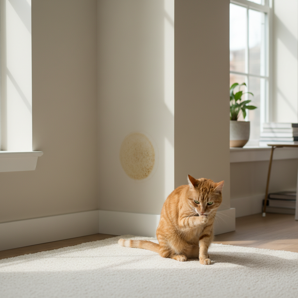 A realistic professional photo depicting a subtle, dried urine stain on a light-colored interior wall, perhaps near a baseboard or in a corner of a modern living space. The stain should be visually distinct enough to be recognizable as an issue, but not overly graphic. A domestic cat is observed casually nearby, perhaps grooming itself or looking towards the wall, conveying the context without showing the act itself. The overall lighting is soft and natural, emphasizing the cleanliness of the rest of the room to highlight the unwelcome stain.