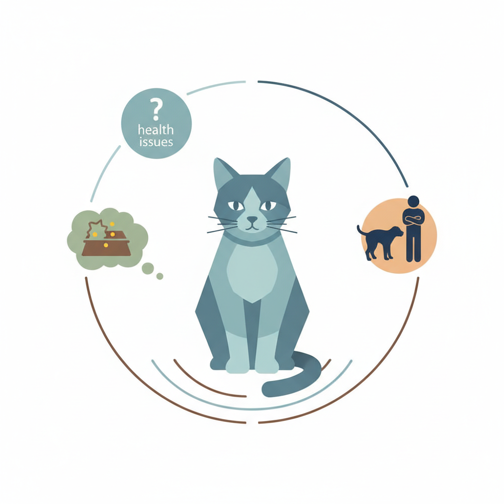 A flat vector illustration in an infographic style, depicting a stylized cat figure at the center. Around the cat, several abstract visual elements are arranged in a circular or radiating pattern, representing common causes for inappropriate urination. Examples include: a question mark icon for health issues, a simplified thought bubble with a messy litter box icon, a small silhouette of another animal or human symbolizing stress, and subtle, abstract 'territory' markers emanating from the cat. The color palette should be clean and professional, using blues, greens, and muted earth tones.