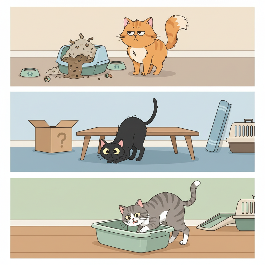 A multi-panel or composite infographic-style illustration visually explaining common behavioral reasons for a cat urinating outside its litter box. One section shows a visibly dirty, overflowing litter box with a displeased-looking cat nearby. Another section depicts a cat looking anxious or stressed, perhaps hiding under a table, with subtle hints of household changes (e.g., a moving box in the background). A third section features an older, slightly stiff-looking cat struggling to climb into a standard-height litter box. The overall impression should be educational and empathetic towards the cat's perspective. Clean, modern vector illustration with a harmonious color scheme.