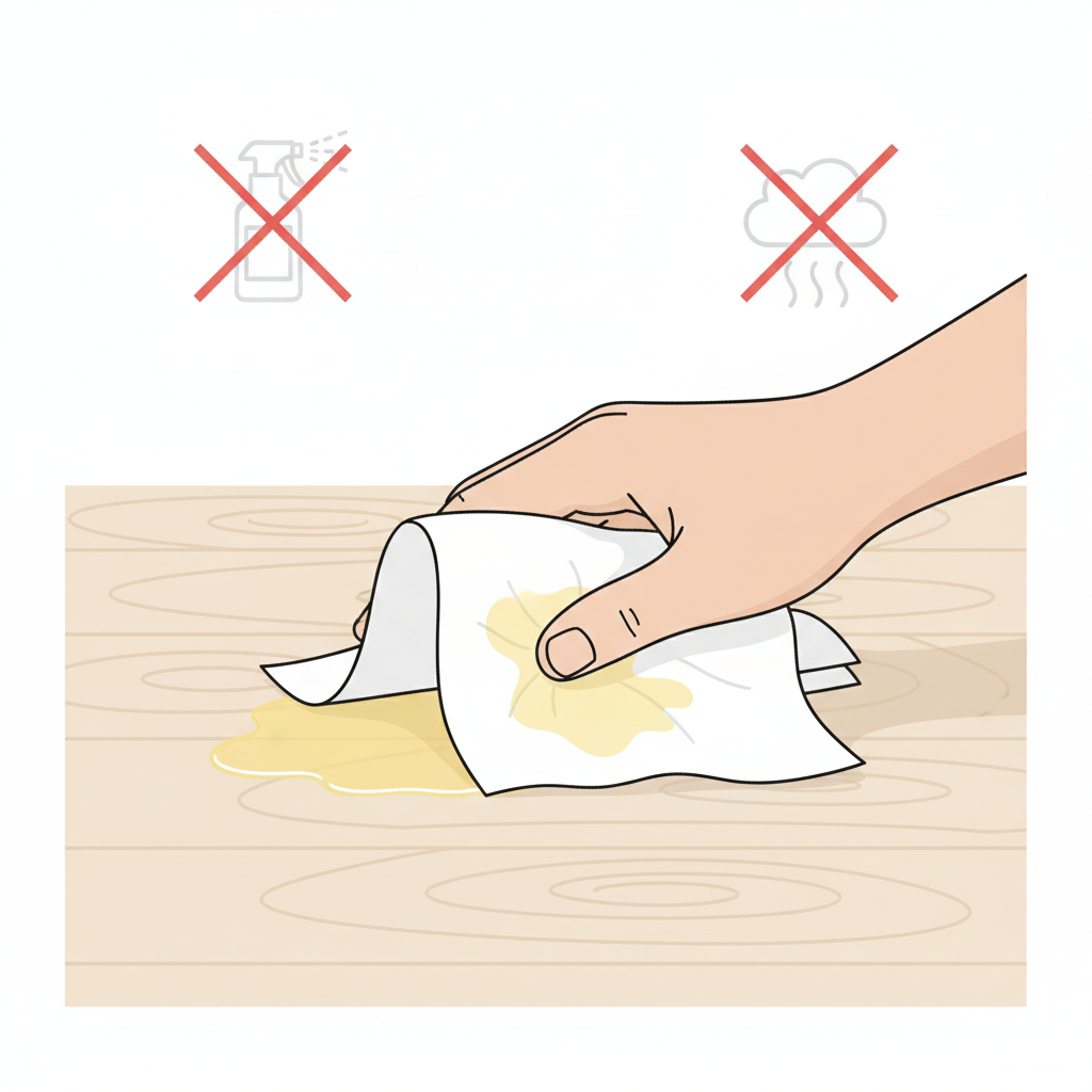 A clean, practical flat illustration depicting the immediate first aid for cat urine on a wooden surface. The central focus is a generic hand gently dabbing a fresh, small yellow urine puddle on a wooden floor or furniture using a stack of white, absorbent paper towels, showing the liquid being effectively lifted. In the background, subtly overlaid 'do not' symbols: a faint, ghosted image of a spray bottle with a diagonal line through it, and a similar faint steam or heat icon with a diagonal line, visually emphasizing the avoidance of water and heat.