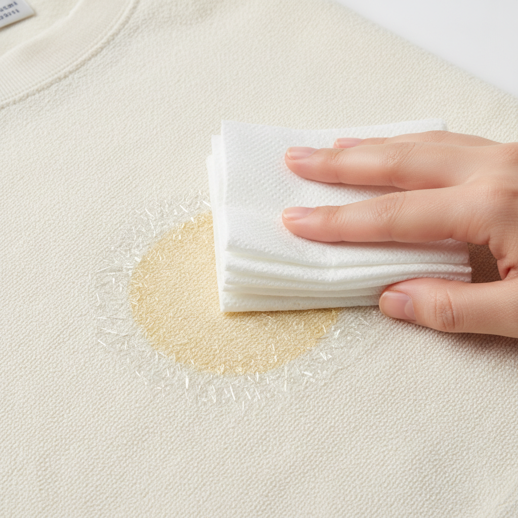 A close-up, top-down view of a piece of light-colored fabric (like a t-shirt or towel) with a subtle, yellowish liquid stain on it. A human hand is gently pressing a stack of clean white paper towels onto the wet area, demonstrating the dabbing technique without rubbing. Microscopic elements like abstract, glittering crystal-like structures could be subtly visible within the fabric fibers around the stain, suggesting the underlying problem of uric acid. The overall impression should be clean and practical, with a focus on immediate, gentle action. Professional photo style, bright and well-lit.