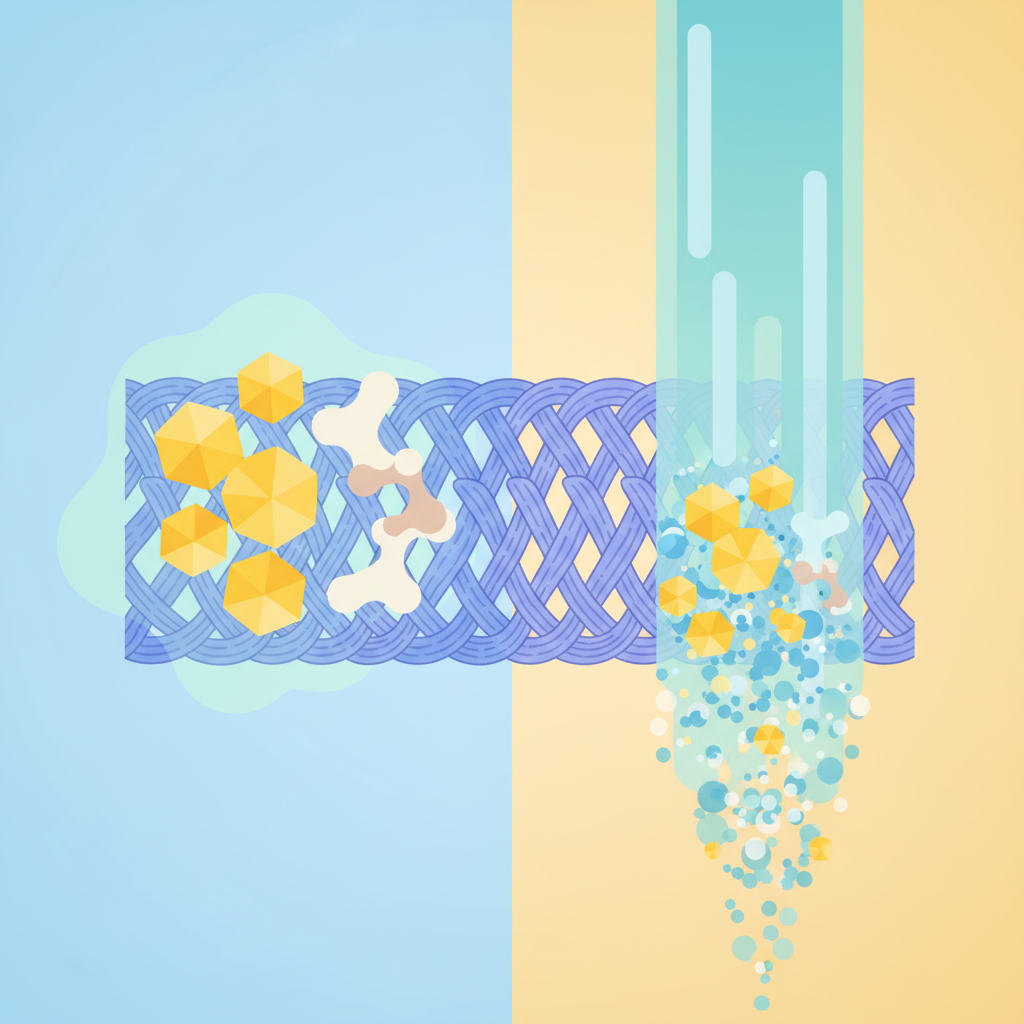 A stylized, conceptual flat illustration depicting the scientific action of an enzyme cleaner on urine. On one side, fabric fibers are shown with small, angular, yellow crystal-like structures (representing uric acid) embedded within them, alongside tiny, abstract protein blobs. An opposing panel illustrates a stream of liquid (symbolizing an enzyme cleaner) flowing over these structures, causing them to visibly break apart into smaller, dissolved particles, representing the neutralization of the odor and stain components. The style should be clean, modern, and easily understandable, akin to a scientific diagram but purely visual.