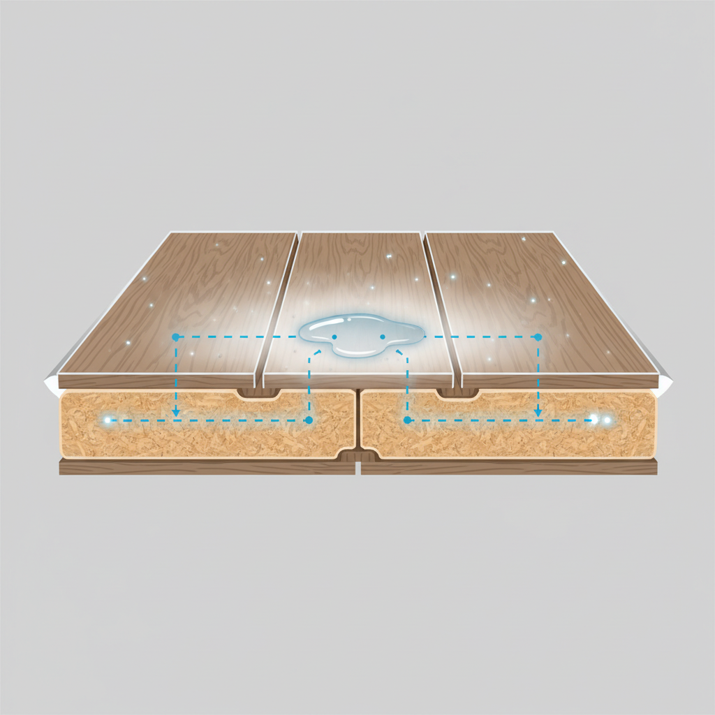 An infographic-style illustration depicting a close-up cross-section of laminate flooring. Show distinct laminate planks with visible seams. A small, clear liquid spill (representing urine) is on the surface, with subtle visual indicators like faint blue lines or dots showing it penetrating downwards through the seams and into the porous layers of the planks. The surrounding area of the laminate should show slight discoloration or cloudiness, suggesting damage. The overall impression should be clean, informative, and highlight the deep penetration problem without showing actual unpleasantness.