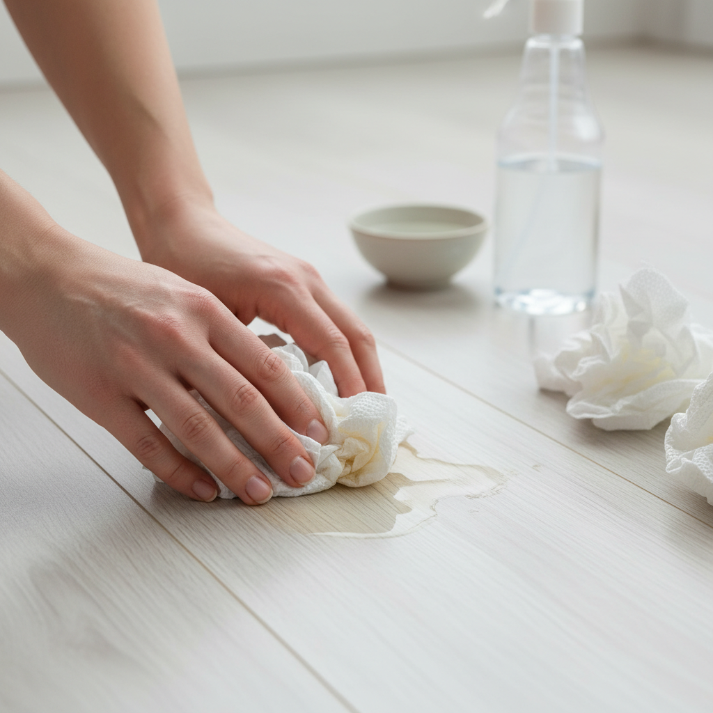 A realistic illustration or high-quality photo capturing the immediate action of cleaning a spill on laminate flooring. Hands are featured, holding several white, absorbent paper towels, gently dabbing and pressing down on a slightly damp, discolored spot on the light-colored laminate floor. In the background, a translucent spray bottle, half-filled with clear liquid, and possibly a small bowl containing a clear liquid (suggesting vinegar) are out of focus, subtly hinting at the cleaning agents without showing specific brands or labels. The scene should be bright, clean, and practical, focusing on the careful blotting action.