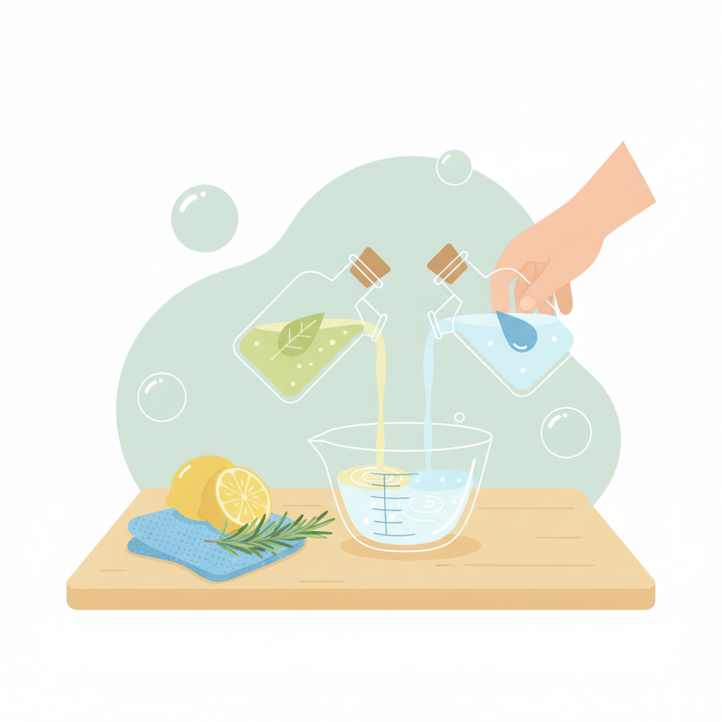 A vibrant, clean flat illustration with a soft color palette. The scene focuses on the preparation of a homemade cleaning solution. A small, clear glass bowl or measuring cup is central, with a hand pouring clear liquid from two separate, simple glass bottles into it, indicating a mixing process. One bottle contains a clear liquid subtly suggesting vinegar, and the other pure water. Beside the bowl, a neatly folded, clean soft microfiber cloth awaits use. The overall composition is neat and emphasizes the DIY aspect of the cleaning process, suggesting readiness for action.
