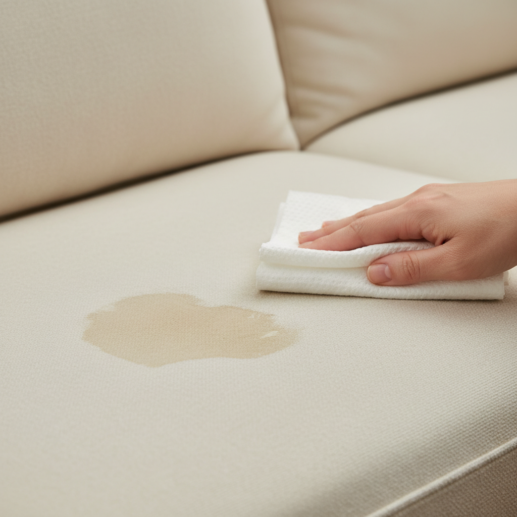 A professional close-up photo focusing on a plush, light-colored sofa cushion with a fresh, slightly damp spot of liquid, clearly indicating a recent cat urination incident. The lighting is soft but highlights the texture of the fabric and the wetness. A human hand, partially visible from the side of the frame, is just beginning to approach the spot with a clean, absorbent cloth or paper towel. The overall mood should convey immediate, gentle action without panic. Avoid showing the cat itself in this frame.