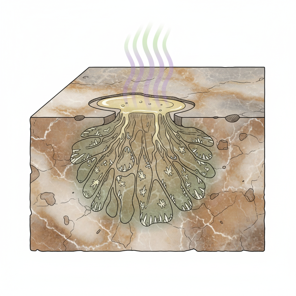 A detailed, cutaway illustration of a porous stone floor, such as marble or granite, revealing its microscopic structure. Visible pores are shown absorbing a small pool of yellowish liquid representing cat urine. Tiny, crystalline particles (uric acid crystals) are depicted embedding themselves deeply within the stone's intricate network of pores. A subtle, wavy, unpleasant vapor emanates from the contaminated area, visually symbolizing the persistent odor. The surrounding stone looks clean, contrasting with the affected spot which shows a faint, discolored tint. Style: Detailed scientific infographic with warm, earthy tones for the stone and a stark contrast for the urine.