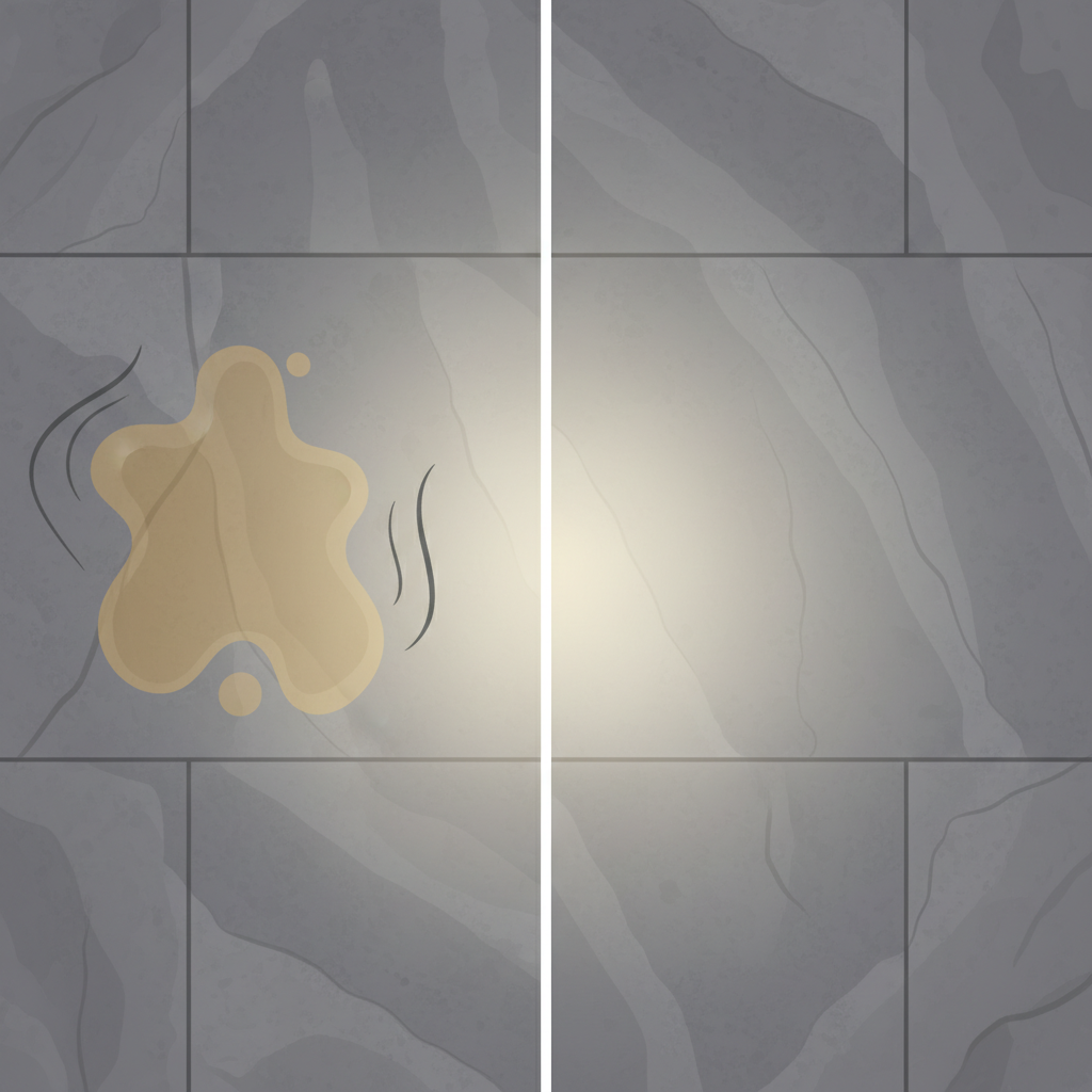 A professional, clean split-screen illustration depicting a seamless transition on a stone floor. On the left side, a section of a stone floor (e.g., slate or travertine) shows a faint, discolored stain with subtle, wavy lines symbolizing a lingering odor. On the right side, the exact same section of the stone floor is perfectly clean, bright, and vibrant, appearing fresh and polished, with a faint, clean glow suggesting odor removal. The contrast should be stark, emphasizing the successful removal of the stain and smell. Style: Modern, minimalist blog illustration with a focus on clean lines and a clear visual difference between 'before' and 'after'.